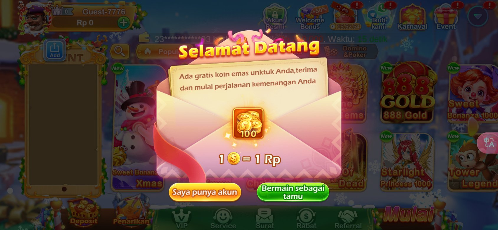 Tangkapan layar aplikasi Slots idr yang menampilkan halaman selamat datang.