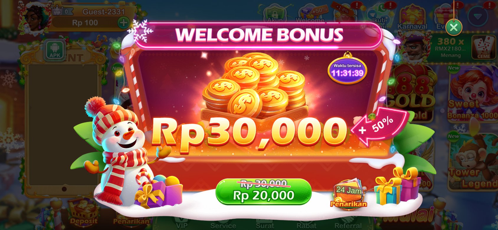 Tangkapan layar aplikasi Slots idr yang menampilkan halaman promosi bonus.