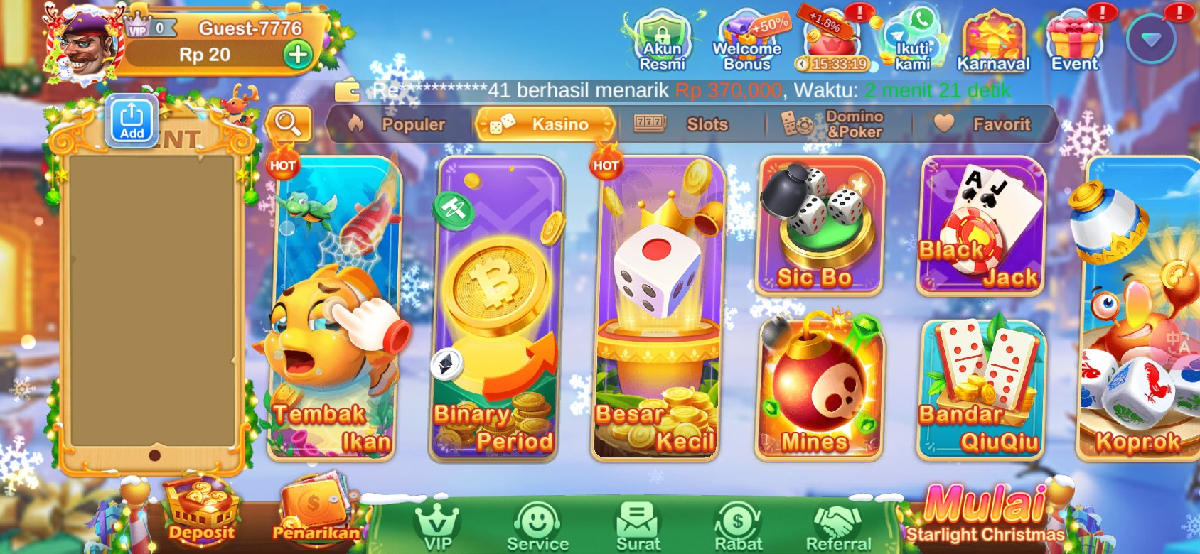 Tangkapan layar aplikasi Slots idr yang menampilkan halaman permainan kasino online.